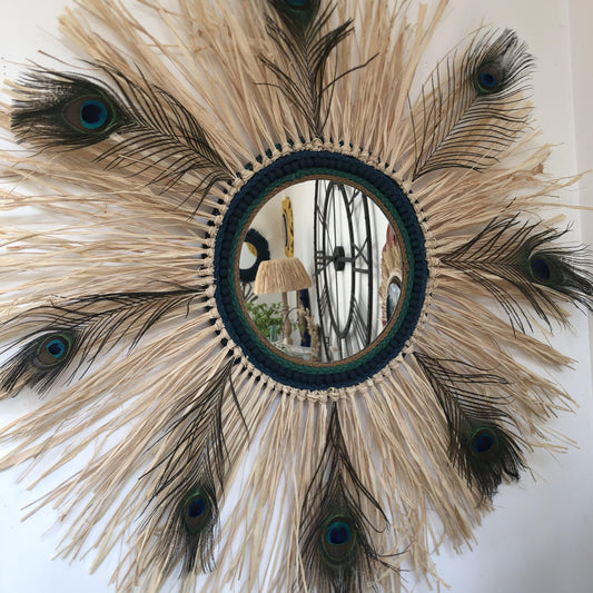 Miroir décoratif raphia et plumes de Paon 60 cm